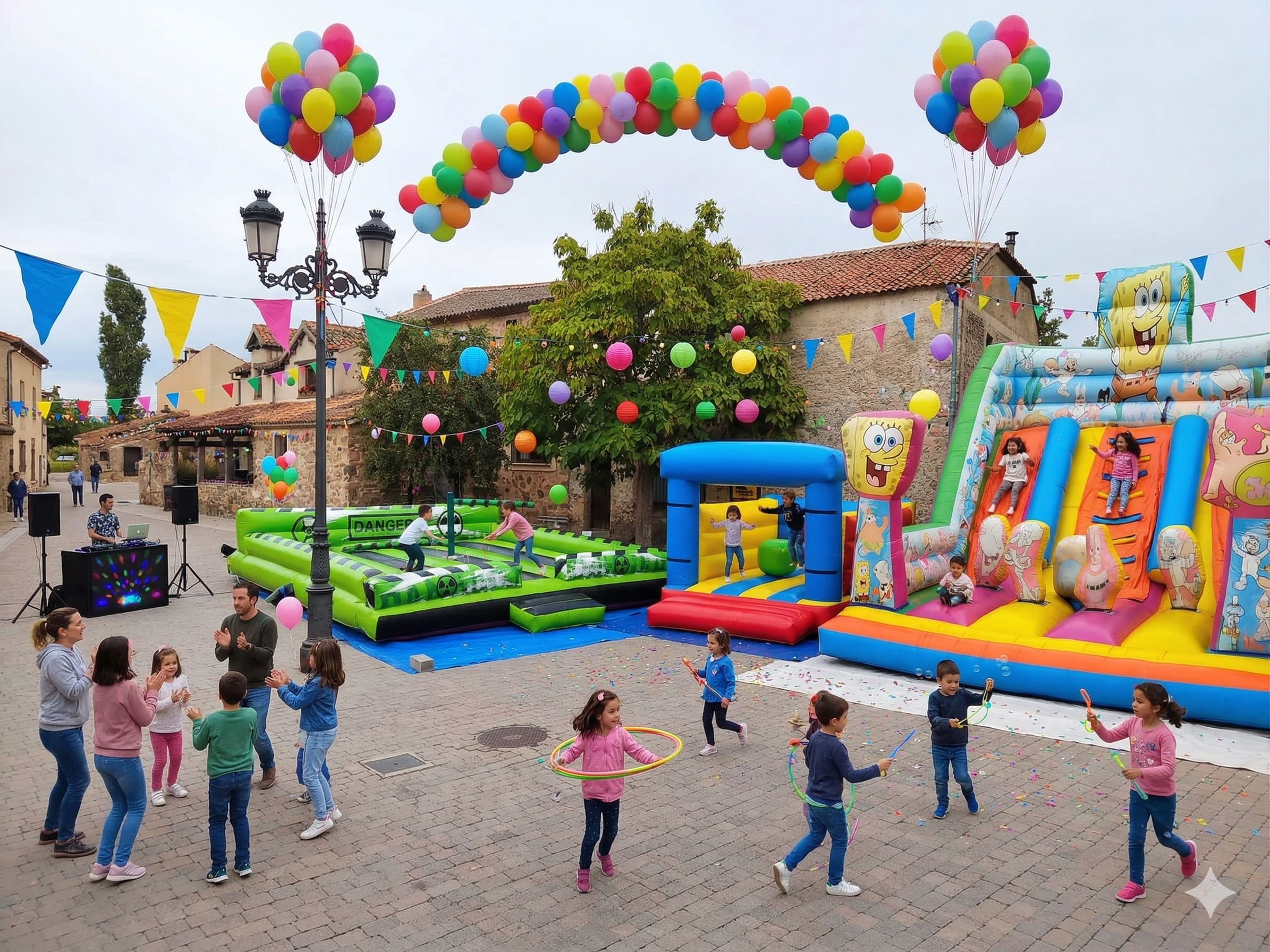 Castillos hinchables en fiesta de pueblo con niños jugando